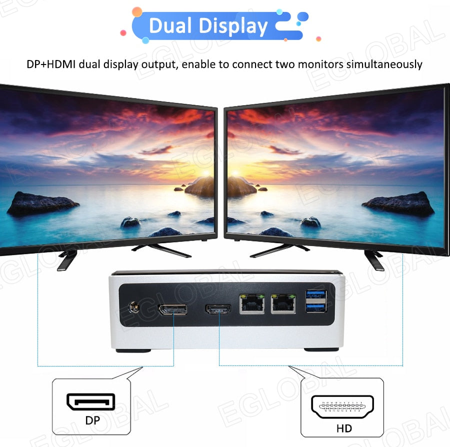 EGLOBAL powerful Mini gaming pc i3 /i5 8250U /i7 8550U Dual Lan micro desktop computer NVMe SSD MAX 32G DDR4 HDMI DP display