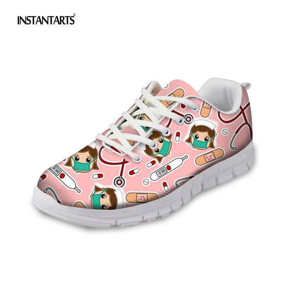 INSTANTARTS Spring Nurse Flat Shoes Women Cute Cartoon Nurses Printed Women's Sneakers Shoes Breath Mesh Flats Zapatos de Mujer