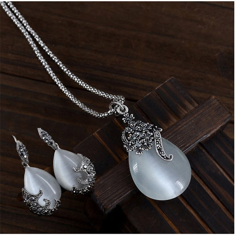 Vintage Water Drop Pendant Necklaces Earrings Set Silver Wedding Engagement Jewelry Sets for Women