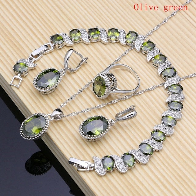 Natural 925 Silver Jewelry Red Birthstone Charm Jewelry Sets Women Earrings/Pendant/Necklace/Ring/Bracelets T055