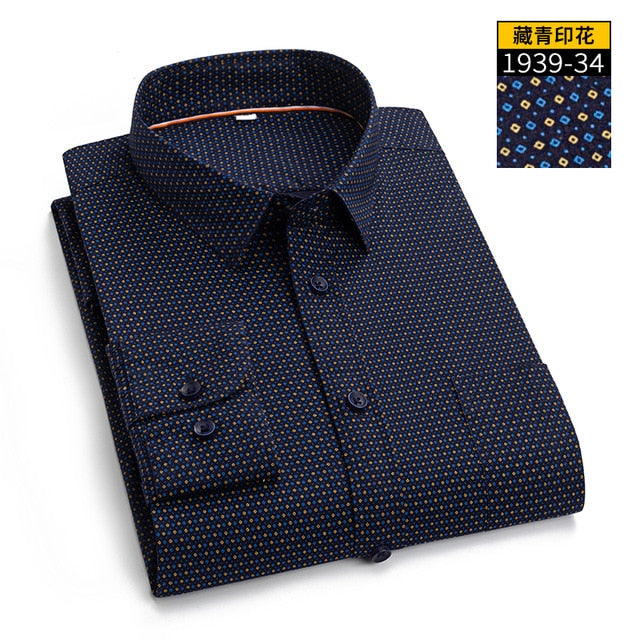 Regular Long Sleeve Men's Business Casual Shirt Autumn Slim Top Blouse Fit Fashion Print 97% Cotton Dress Shirts Asia Size