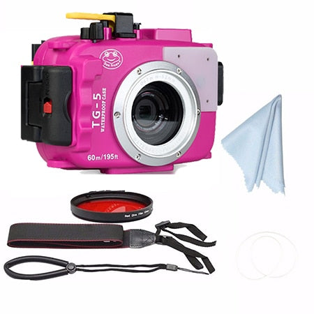SeaFrogs TG5 60m/195ft Underwater Diving Waterproof Housing Camera Case for Olympus TG-5 Waterproof Camera Bags with Red Filter