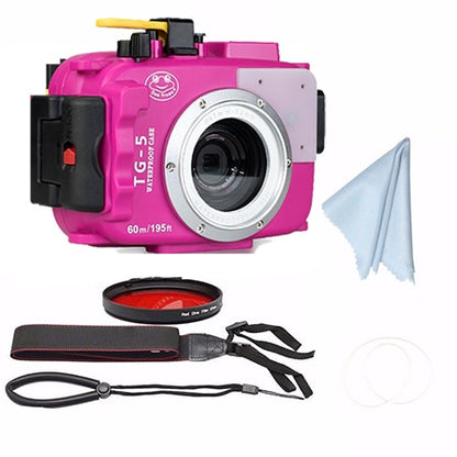SeaFrogs TG5 60m/195ft Underwater Diving Waterproof Housing Camera Case for Olympus TG-5 Waterproof Camera Bags with Red Filter
