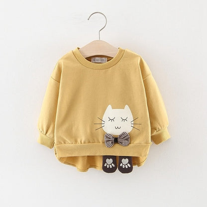 2019 Autumn Girls Sweatshirts Baby Infants Girl Clothes Kids Toddler Cartoon Cat Bow Long Sleeve Pullover Tops Outwear WT769