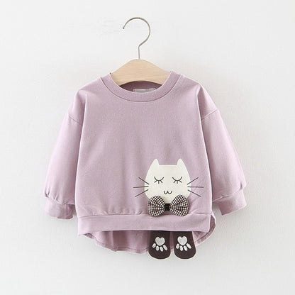 2019 Autumn Girls Sweatshirts Baby Infants Girl Clothes Kids Toddler Cartoon Cat Bow Long Sleeve Pullover Tops Outwear WT769