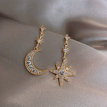 2019 New Arrival Crystal Trendy Star Women Dangle Earrings Star-moon Asymmetric Earrings  Drop Earrings Jewelry Earrings