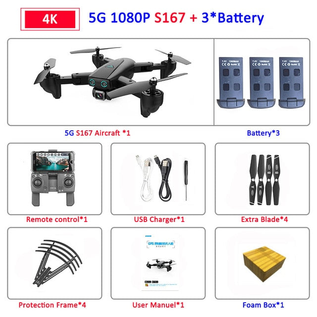 S167 Foldable Profissional Drone with Camera 4K HD Selfie 5G GPS  WiFi FPV Wide Angle RC Quadcopter Helicopter Toy E520S SG900-S