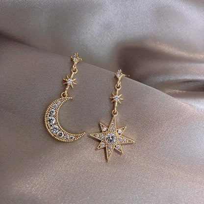 2019 New Arrival Crystal Trendy Star Women Dangle Earrings Star-moon Asymmetric Earrings  Drop Earrings Jewelry Earrings