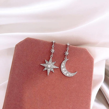 2019 New Arrival Crystal Trendy Star Women Dangle Earrings Star-moon Asymmetric Earrings  Drop Earrings Jewelry Earrings