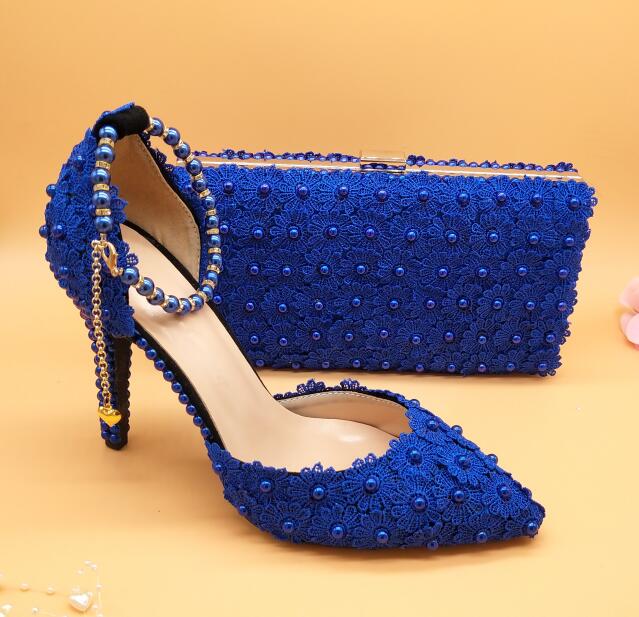 White Lace Flower wedding shoes with matching bags High heels Pointed Toe Ankle Strap Ladies Party shoe bag set Royal Blue Shoe
