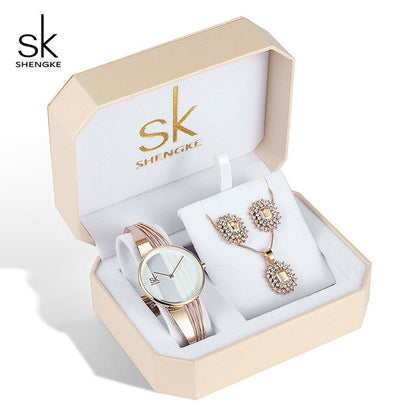 Shengke Rose Gold Creative Quartz Watch Women Earrings Necklace 2019 SK Ladies Watches Jewelry Set Luxury Gift Relogio Feminino
