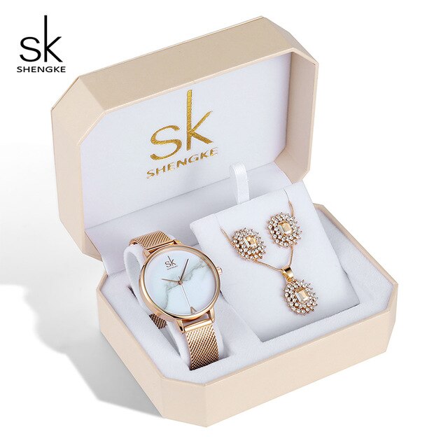 Shengke Rose Gold Creative Quartz Watch Women Earrings Necklace 2019 SK Ladies Watches Jewelry Set Luxury Gift Relogio Feminino