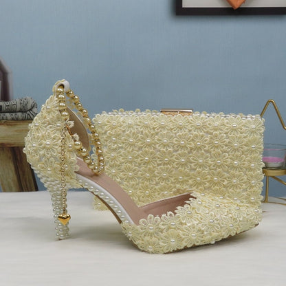 White Lace Flower wedding shoes with matching bags High heels Pointed Toe Ankle Strap Ladies Party shoe bag set Royal Blue Shoe