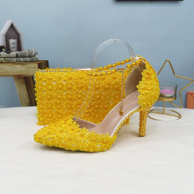 White Lace Flower wedding shoes with matching bags High heels Pointed Toe Ankle Strap Ladies Party shoe bag set Royal Blue Shoe