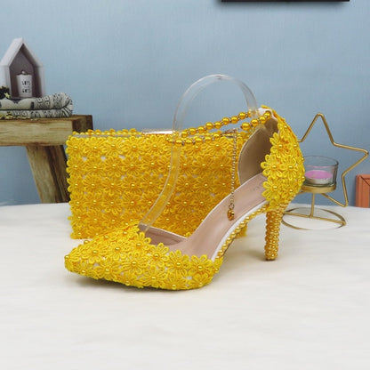 White Lace Flower wedding shoes with matching bags High heels Pointed Toe Ankle Strap Ladies Party shoe bag set Royal Blue Shoe