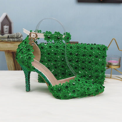 White Lace Flower wedding shoes with matching bags High heels Pointed Toe Ankle Strap Ladies Party shoe bag set Royal Blue Shoe