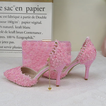 White Lace Flower wedding shoes with matching bags High heels Pointed Toe Ankle Strap Ladies Party shoe bag set Royal Blue Shoe