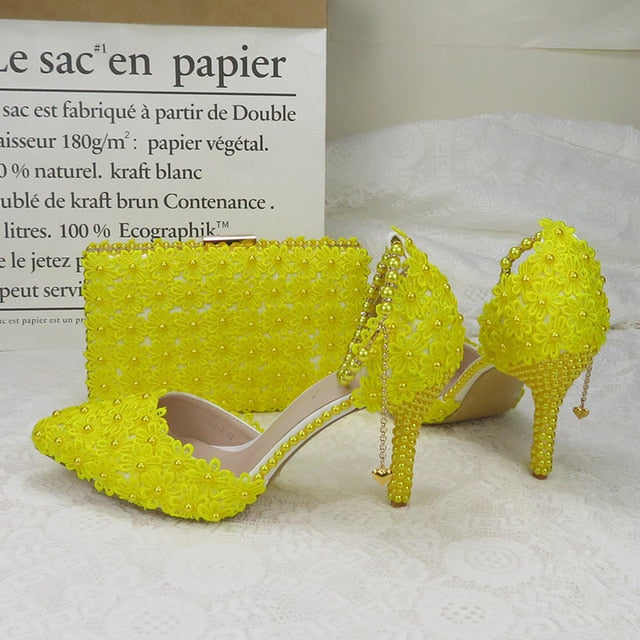 White Lace Flower wedding shoes with matching bags High heels Pointed Toe Ankle Strap Ladies Party shoe bag set Royal Blue Shoe