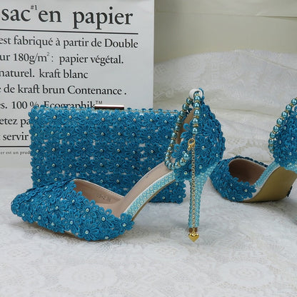 White Lace Flower wedding shoes with matching bags High heels Pointed Toe Ankle Strap Ladies Party shoe bag set Royal Blue Shoe