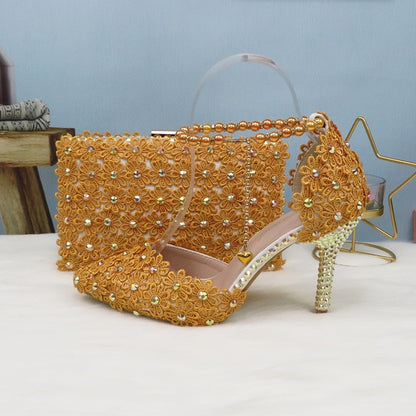 White Lace Flower wedding shoes with matching bags High heels Pointed Toe Ankle Strap Ladies Party shoe bag set Royal Blue Shoe
