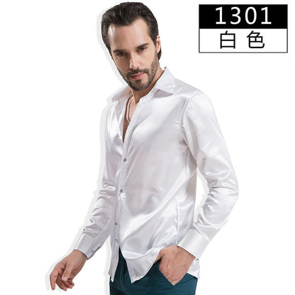 Fashion Shiny Silky Satin Dress Shirt Luxury Silk Like Long Sleeve Mens Casual Shirts Performance Stage Wear Clothing