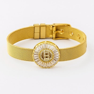 Classic Stainless Steel Watch Belt Bracelet Micro Pave CZ Crystal 26 Letters Name Bracelets Best Party Wedding Jewelry Gift