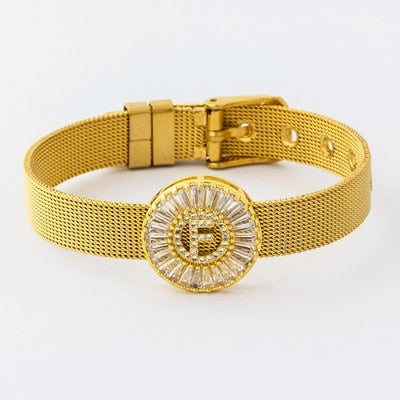 Classic Stainless Steel Watch Belt Bracelet Micro Pave CZ Crystal 26 Letters Name Bracelets Best Party Wedding Jewelry Gift
