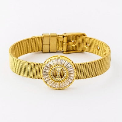 Classic Stainless Steel Watch Belt Bracelet Micro Pave CZ Crystal 26 Letters Name Bracelets Best Party Wedding Jewelry Gift