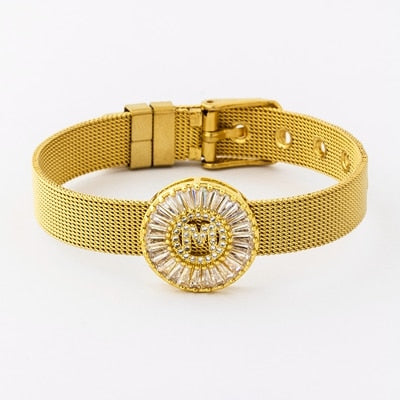 Classic Stainless Steel Watch Belt Bracelet Micro Pave CZ Crystal 26 Letters Name Bracelets Best Party Wedding Jewelry Gift