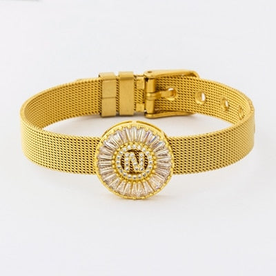 Classic Stainless Steel Watch Belt Bracelet Micro Pave CZ Crystal 26 Letters Name Bracelets Best Party Wedding Jewelry Gift