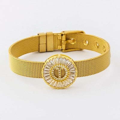 Classic Stainless Steel Watch Belt Bracelet Micro Pave CZ Crystal 26 Letters Name Bracelets Best Party Wedding Jewelry Gift