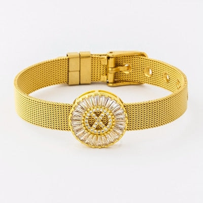 Classic Stainless Steel Watch Belt Bracelet Micro Pave CZ Crystal 26 Letters Name Bracelets Best Party Wedding Jewelry Gift
