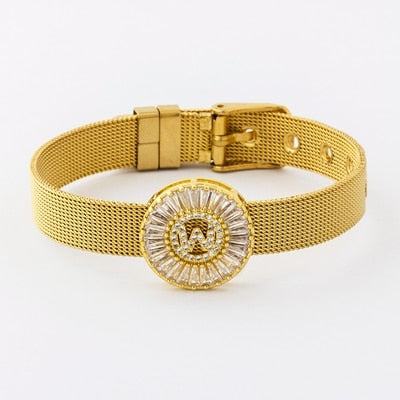Classic Stainless Steel Watch Belt Bracelet Micro Pave CZ Crystal 26 Letters Name Bracelets Best Party Wedding Jewelry Gift