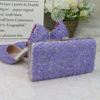 White Lace Flower wedding shoes with matching bags High heels Pointed Toe Ankle Strap Ladies Party shoe and bag set Pearl Shoe