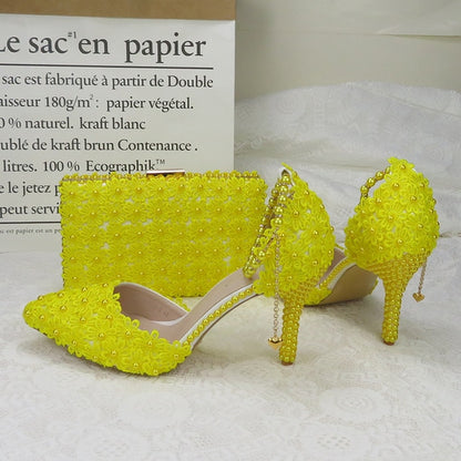 White Lace Flower wedding shoes with matching bags High heels Pointed Toe Ankle Strap Ladies Party shoe and bag set Pearl Shoe