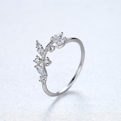 CZCITY Korean 925 Sterling Silver Handmade Olive Leaf Rings for Women Exquisite CZ Stone Adjustable Open Ring Silver 925 Jewelry