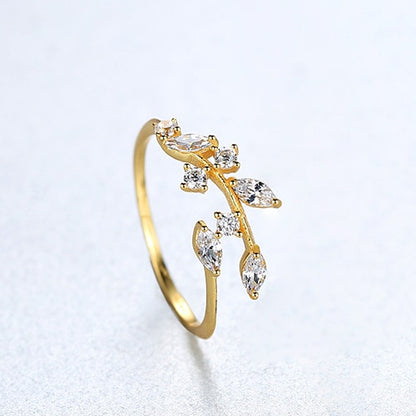 CZCITY Korean 925 Sterling Silver Handmade Olive Leaf Rings for Women Exquisite CZ Stone Adjustable Open Ring Silver 925 Jewelry