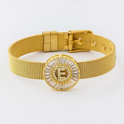 New Adjustable Stainless Steel Watch Belt Bracelet Bangle Copper CZ Initial 26 Letters Name Bracelets Jewelry For Women Gift