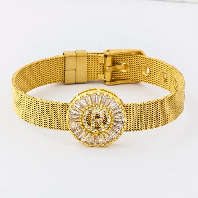New Adjustable Stainless Steel Watch Belt Bracelet Bangle Copper CZ Initial 26 Letters Name Bracelets Jewelry For Women Gift