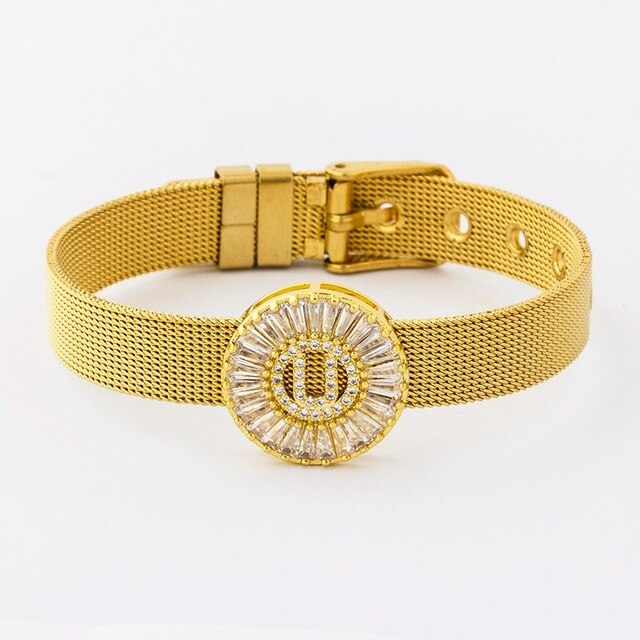 New Adjustable Stainless Steel Watch Belt Bracelet Bangle Copper CZ Initial 26 Letters Name Bracelets Jewelry For Women Gift