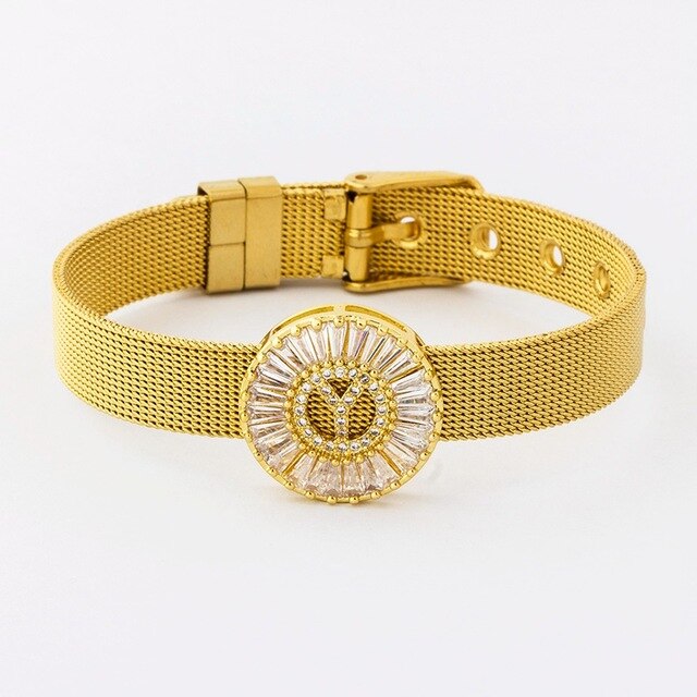 New Adjustable Stainless Steel Watch Belt Bracelet Bangle Copper CZ Initial 26 Letters Name Bracelets Jewelry For Women Gift