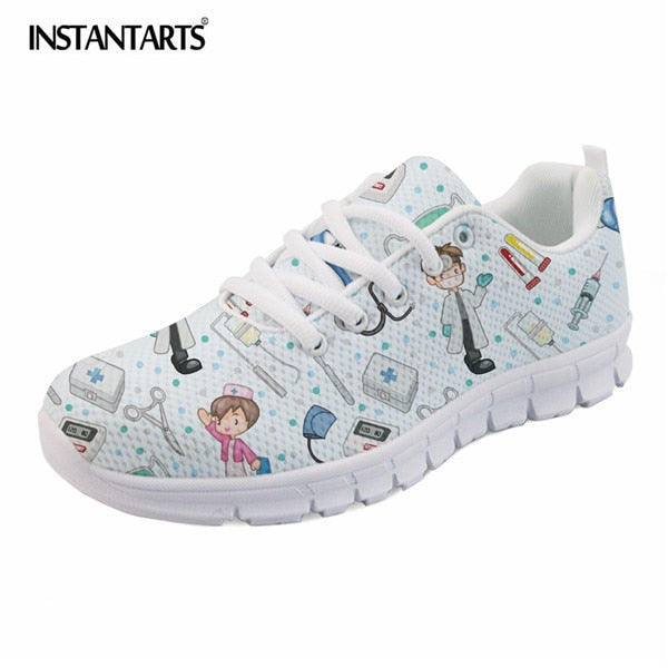 INSTANTARTS Spring Nurse Flat Shoes Women Cute Cartoon Nurses Printed Women's Sneakers Shoes Breath Mesh Flats Zapatos de Mujer