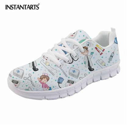 INSTANTARTS Spring Nurse Flat Shoes Women Cute Cartoon Nurses Printed Women's Sneakers Shoes Breath Mesh Flats Zapatos de Mujer