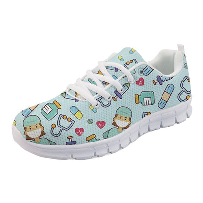 INSTANTARTS Spring Nurse Flat Shoes Women Cute Cartoon Nurses Printed Women's Sneakers Shoes Breath Mesh Flats Zapatos de Mujer