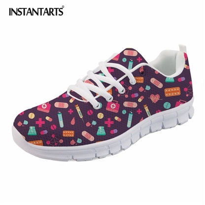 INSTANTARTS Spring Nurse Flat Shoes Women Cute Cartoon Nurses Printed Women's Sneakers Shoes Breath Mesh Flats Zapatos de Mujer