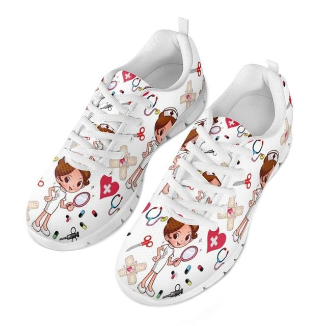 INSTANTARTS Spring Nurse Flat Shoes Women Cute Cartoon Nurses Printed Women's Sneakers Shoes Breath Mesh Flats Zapatos de Mujer