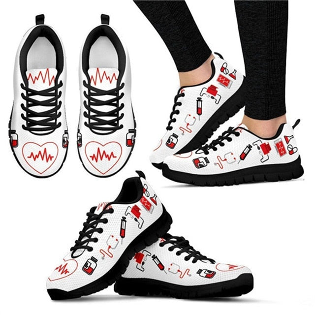 INSTANTARTS Spring Nurse Flat Shoes Women Cute Cartoon Nurses Printed Women's Sneakers Shoes Breath Mesh Flats Zapatos de Mujer