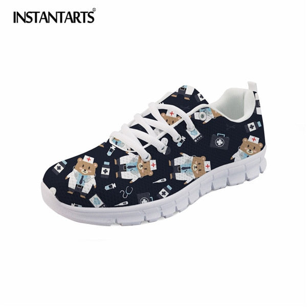 INSTANTARTS Spring Nurse Flat Shoes Women Cute Cartoon Nurses Printed Women's Sneakers Shoes Breath Mesh Flats Zapatos de Mujer