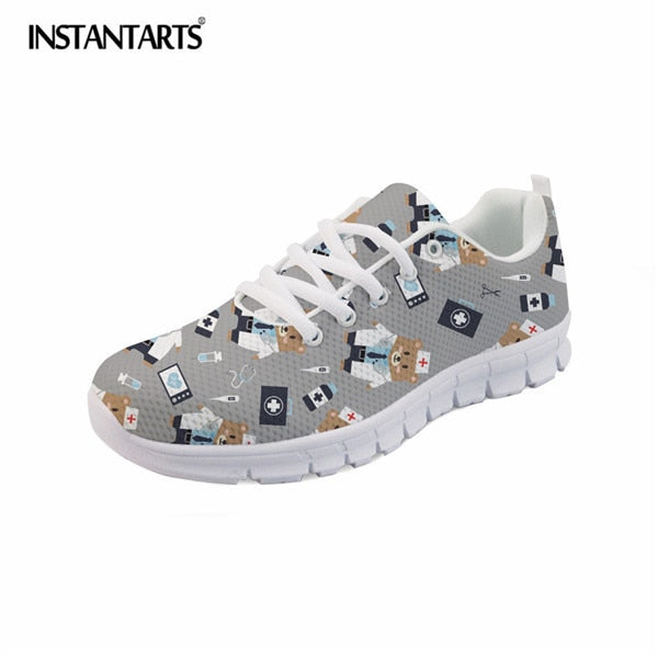 INSTANTARTS Spring Nurse Flat Shoes Women Cute Cartoon Nurses Printed Women's Sneakers Shoes Breath Mesh Flats Zapatos de Mujer