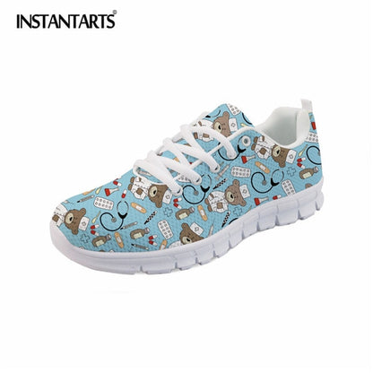 INSTANTARTS Spring Nurse Flat Shoes Women Cute Cartoon Nurses Printed Women's Sneakers Shoes Breath Mesh Flats Zapatos de Mujer